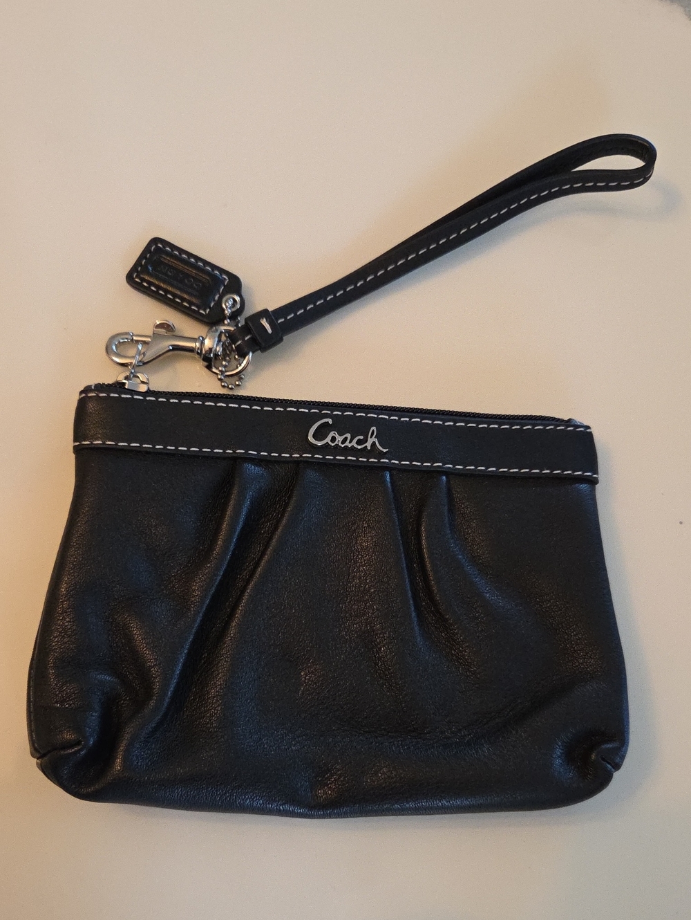 Coach Black Leather Wristlet with White Stitching